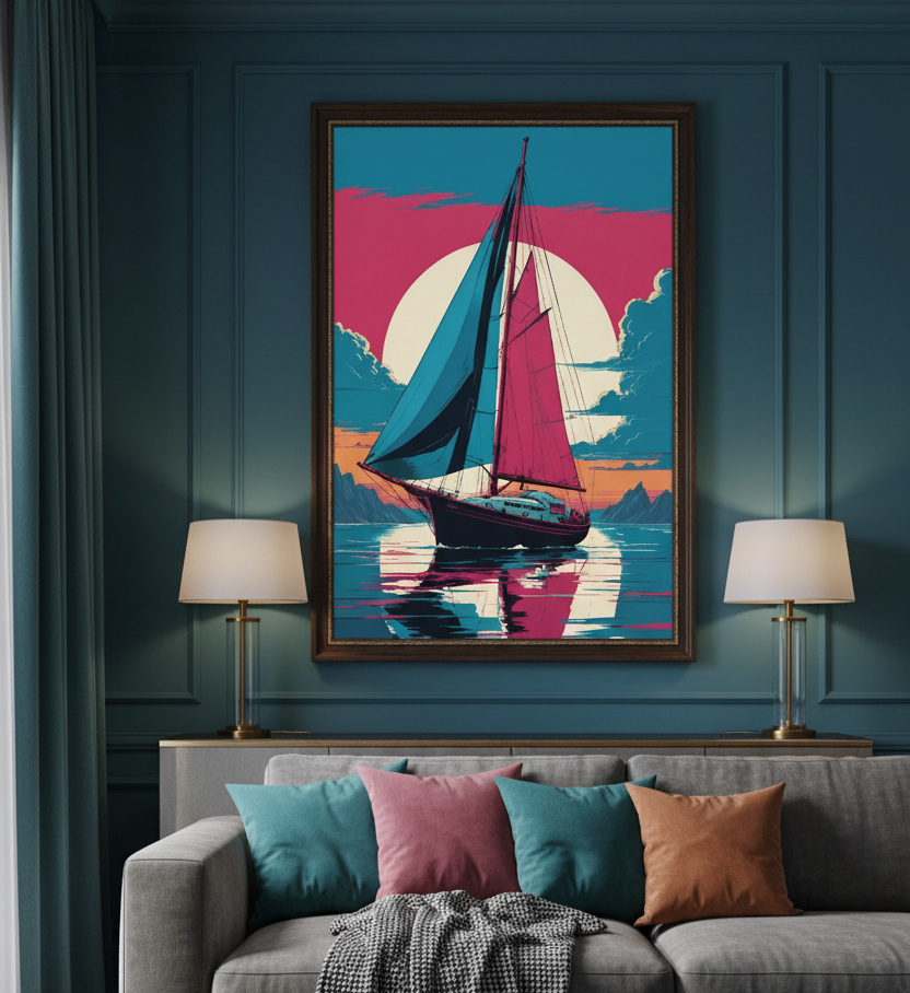 Tranquil Voyage – Boat Beneath the White Sun Wall Art