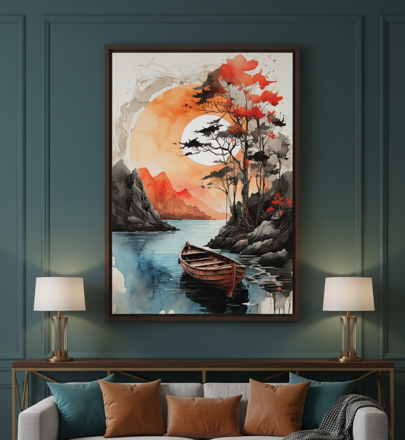 Golden Reflections – Boat on Sunset Lake Wall Art