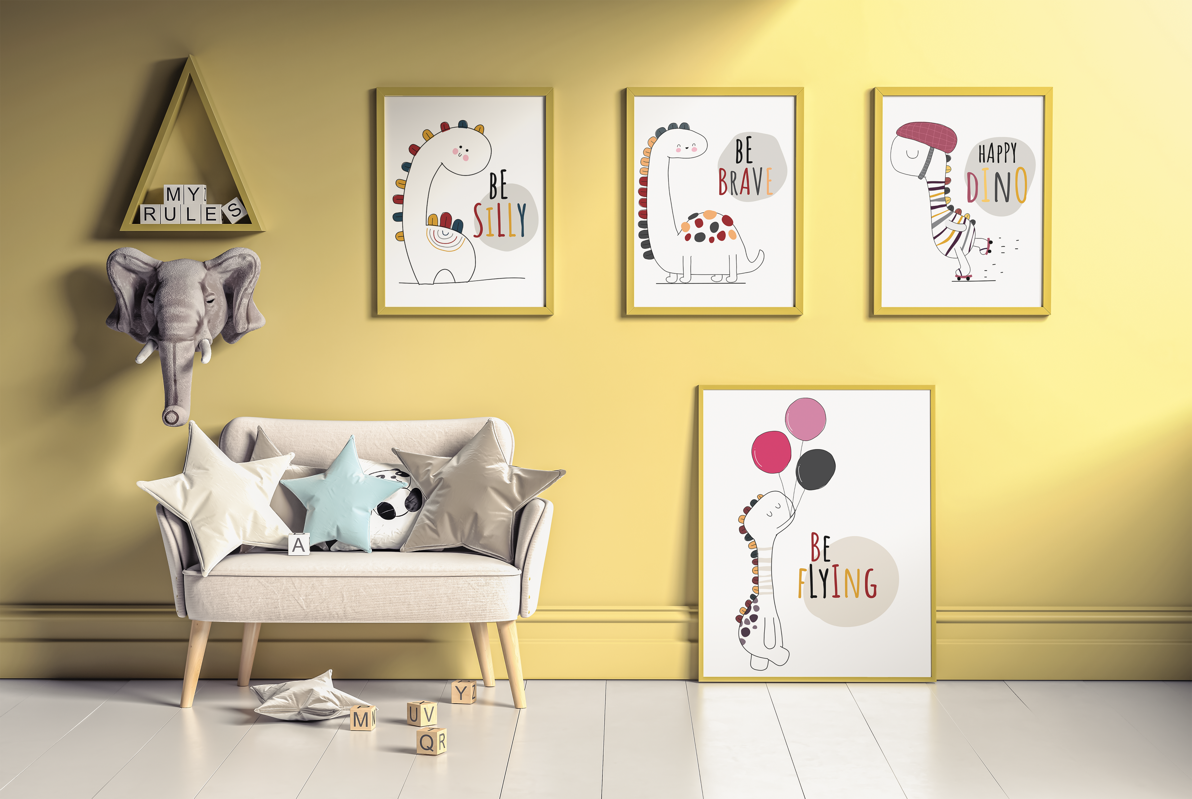 4 Panel Dinosaur Wall Art – Fun Adventure for Kids