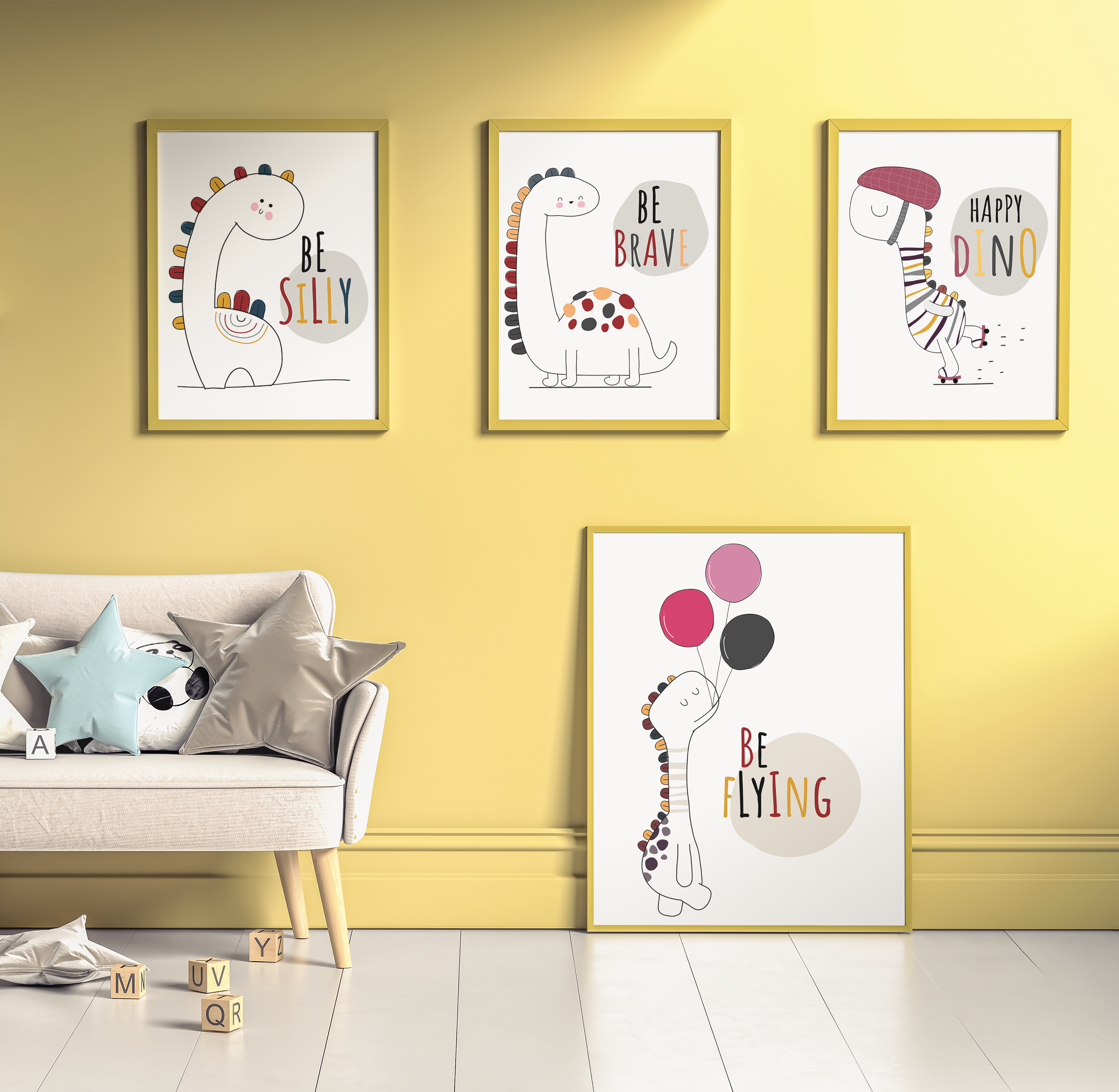 4 Panel Dinosaur Wall Art – Fun Adventure for Kids