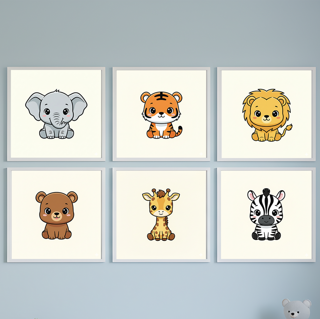 Cute Jungle Animals – 6 Panel Kids Wall Art Set