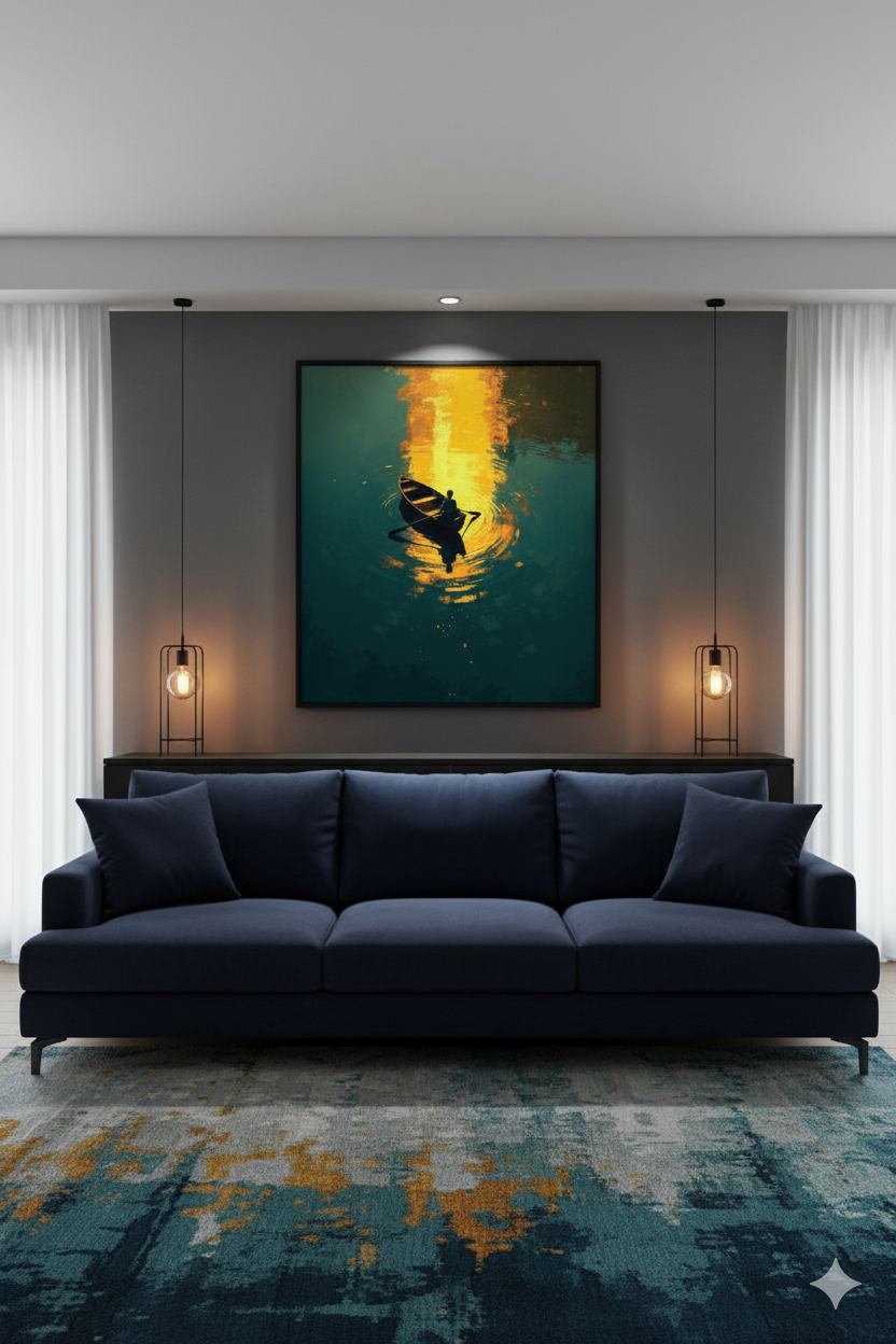 Golden Reflection – Man in a Boat Painting Wall Art
