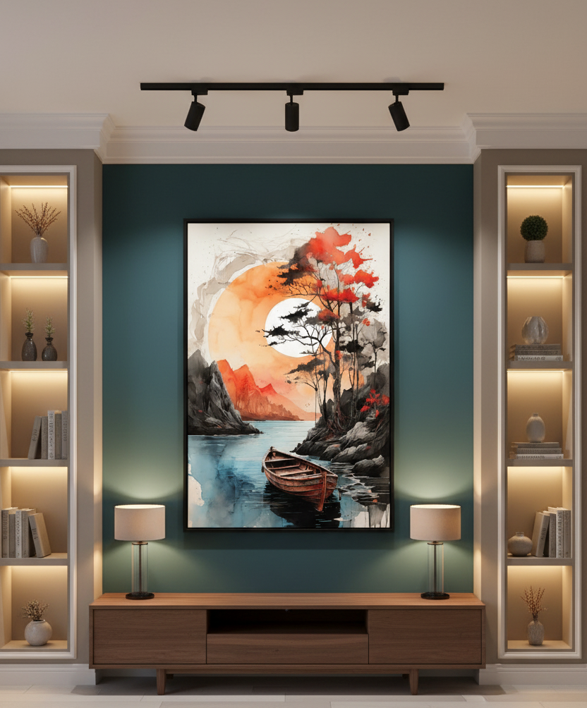 Golden Reflections – Boat on Sunset Lake Wall Art