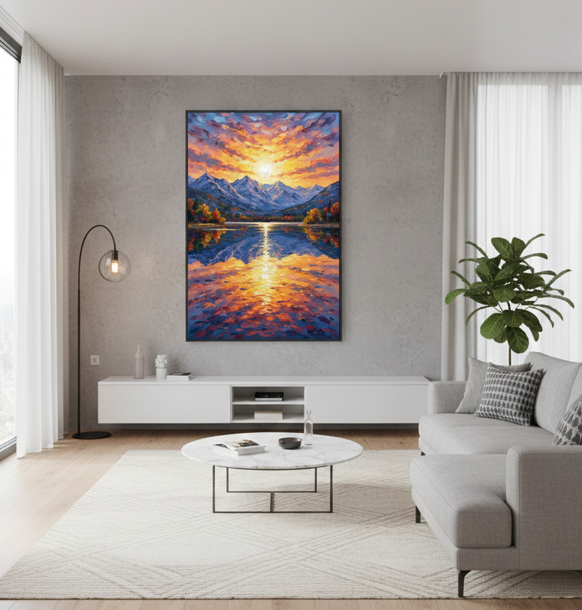 Golden Reflections – Sunset Over Snowy Peaks Wall Art