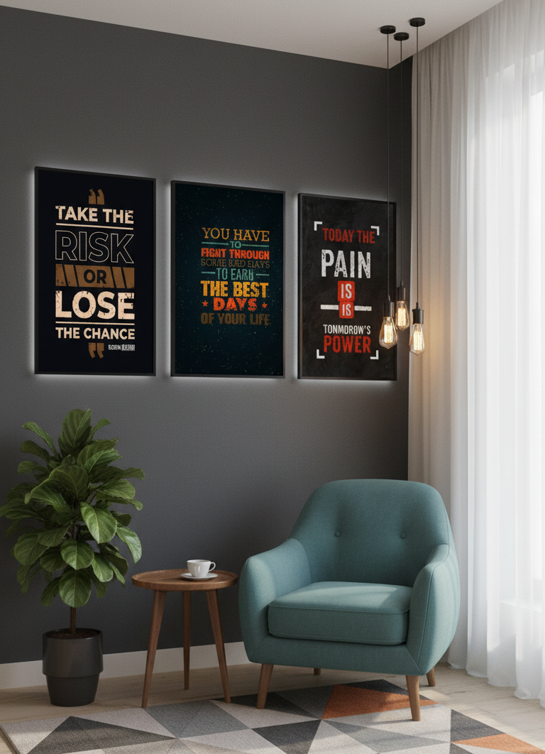 Risk, Fight, Pain – 3-Panel Motivational Wall Art