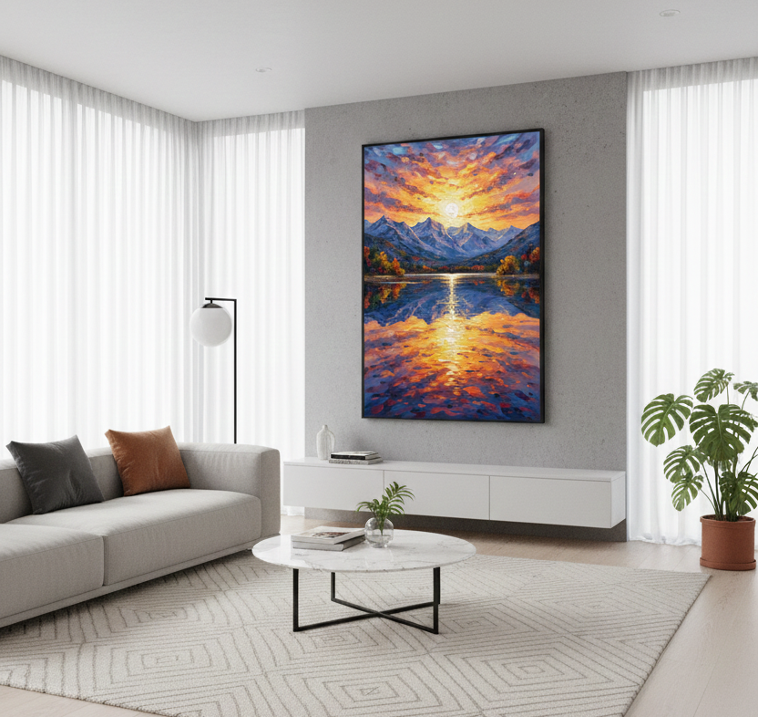 Golden Reflections – Sunset Over Snowy Peaks Wall Art