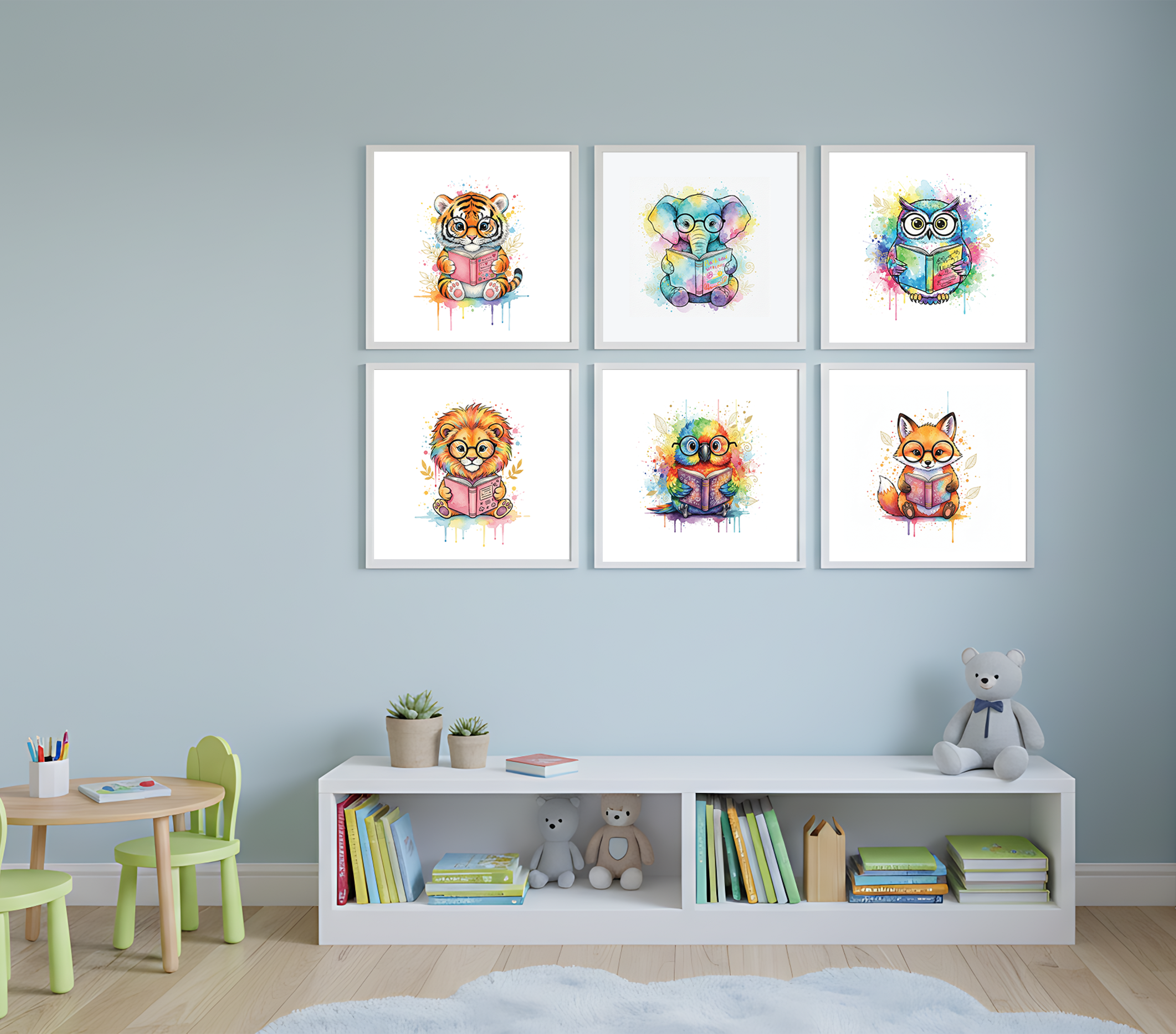 Reading Animals Watercolor Wall Art – Set of 6 Cute Prints