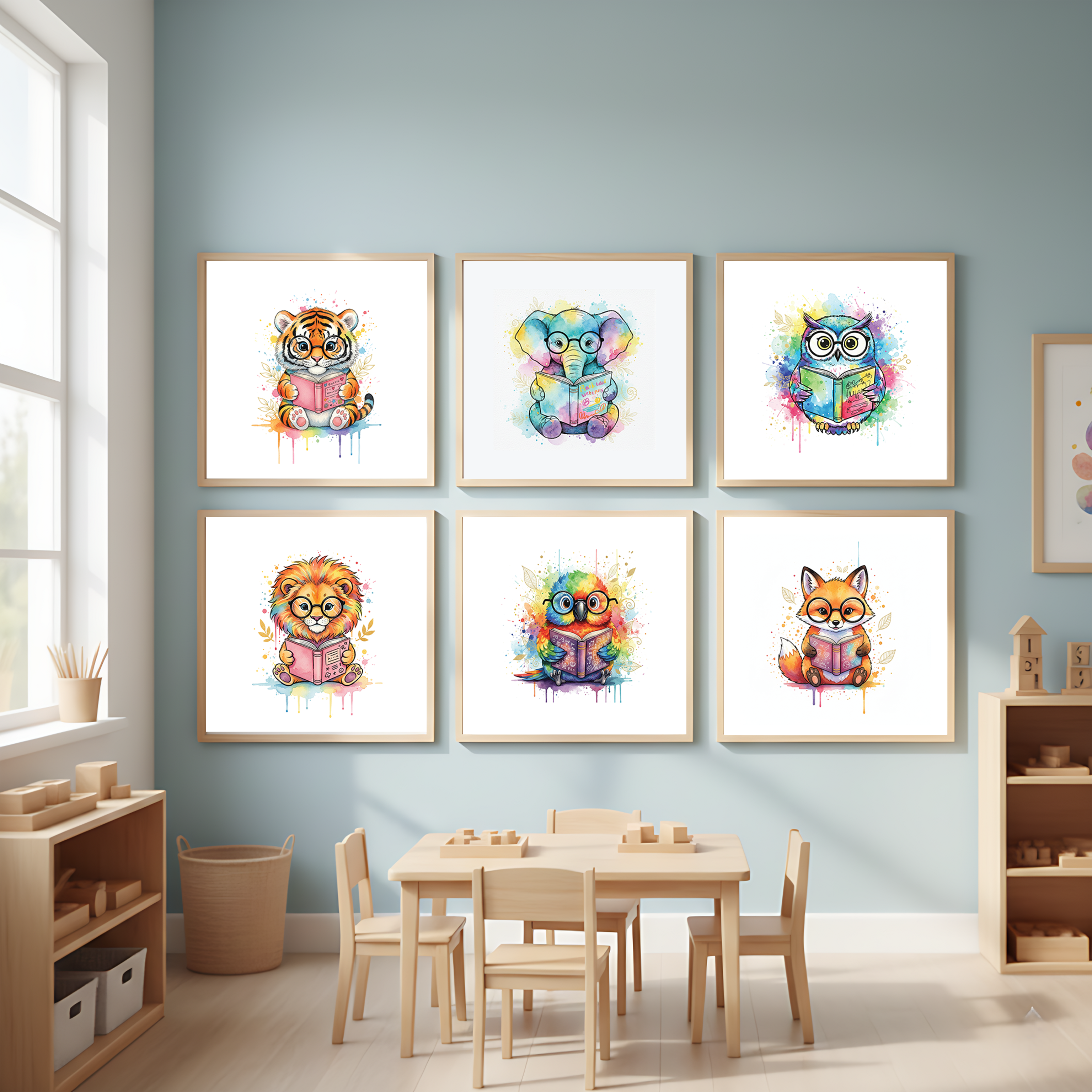 Reading Animals Watercolor Wall Art – Set of 6 Cute Prints