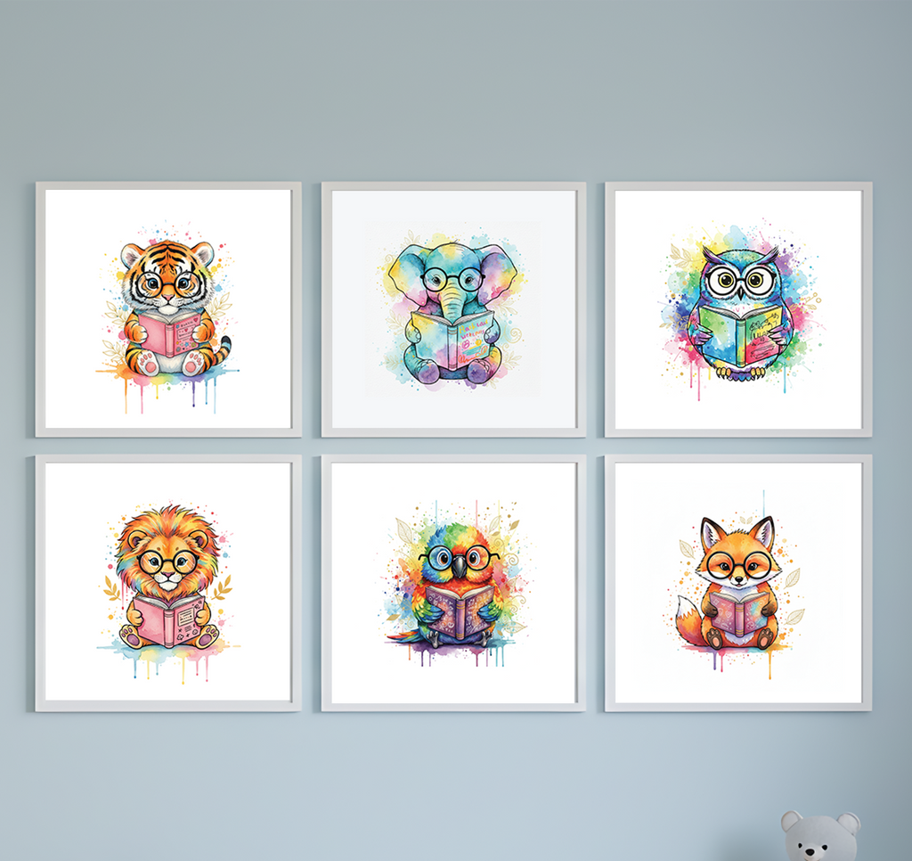 Reading Animals Watercolor Wall Art – Set of 6 Cute Prints