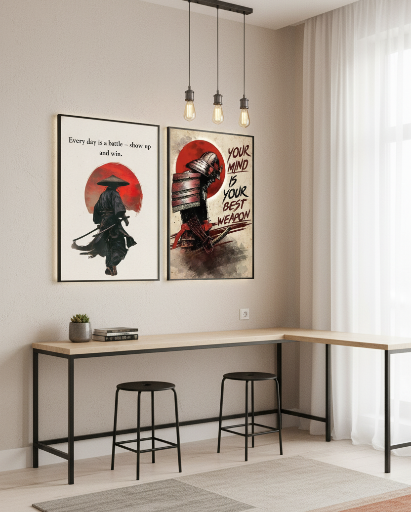 Samurai & Fighter – 2-Panel Motivational Quote Wall Art
