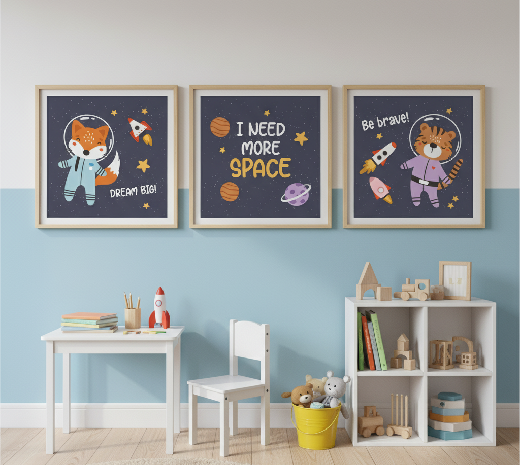 Space Adventure – 3 Panel Kids Room Wall Art