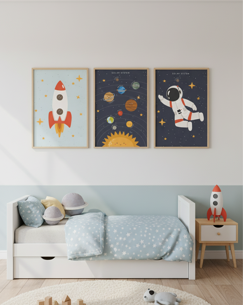 Space Exploration Adventure – 3 Panel Kids Wall Art
