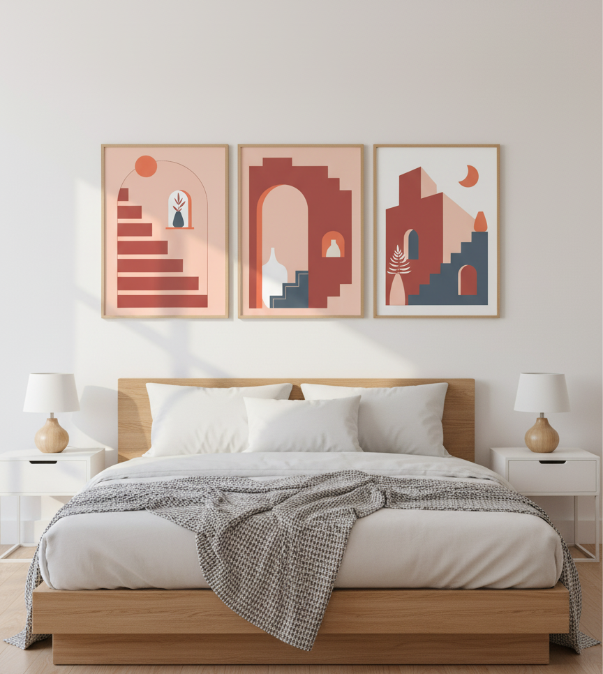 Sunlit Steps – 3-Panel Architectural Boho Wall Art