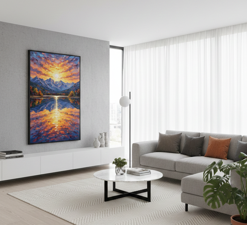 Golden Reflections – Sunset Over Snowy Peaks Wall Art