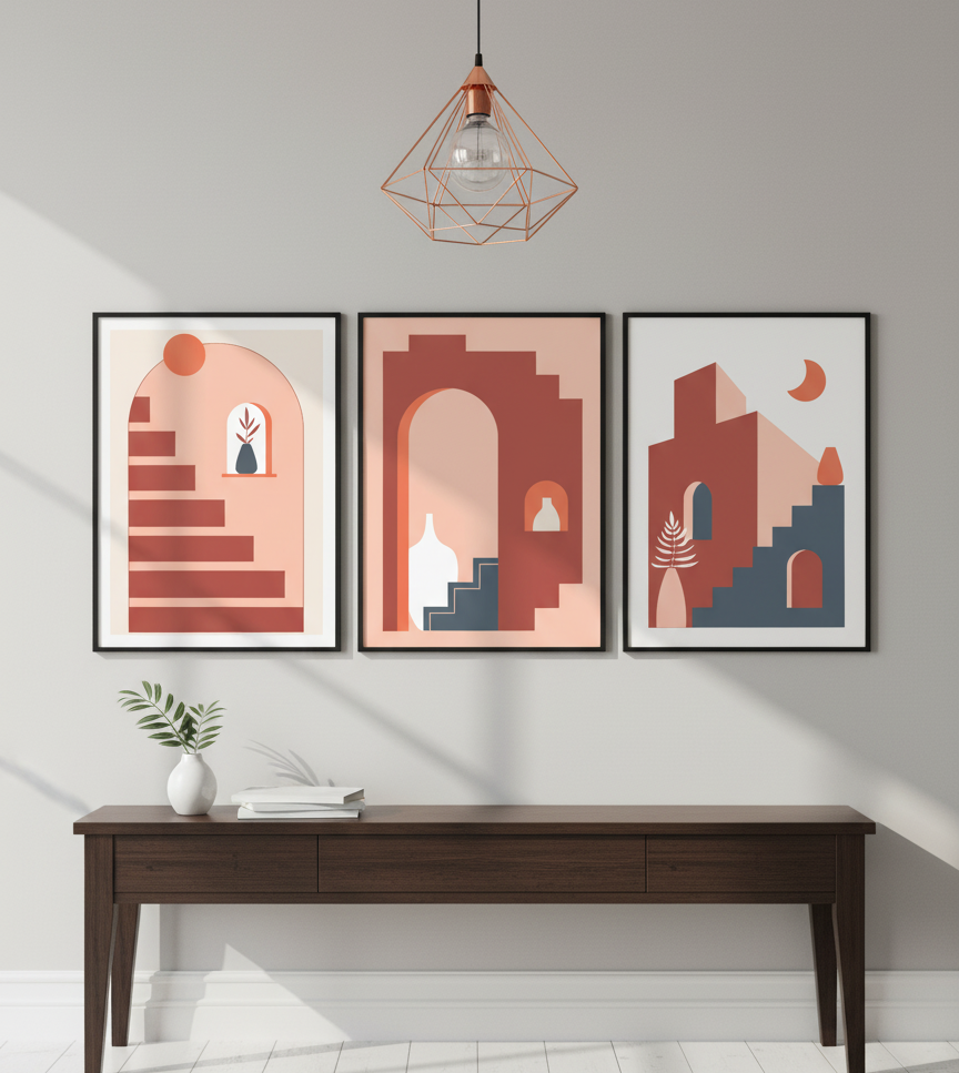 Sunlit Steps – 3-Panel Architectural Boho Wall Art