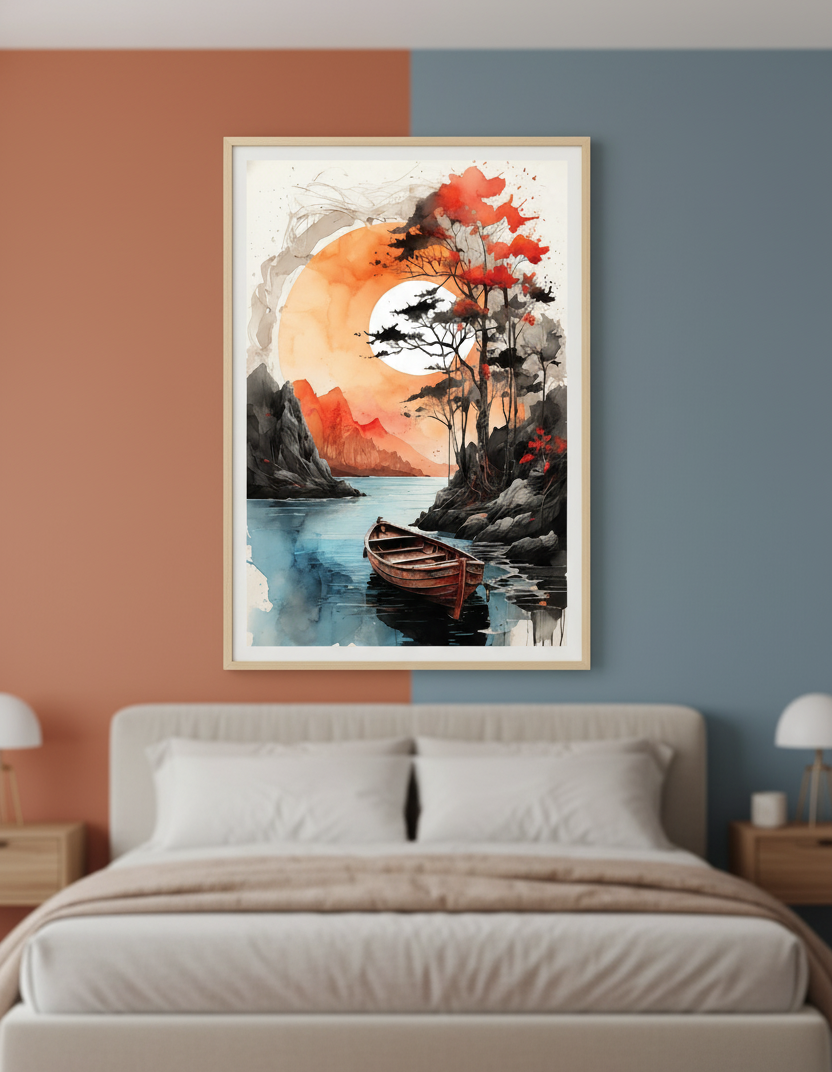 Golden Reflections – Boat on Sunset Lake Wall Art