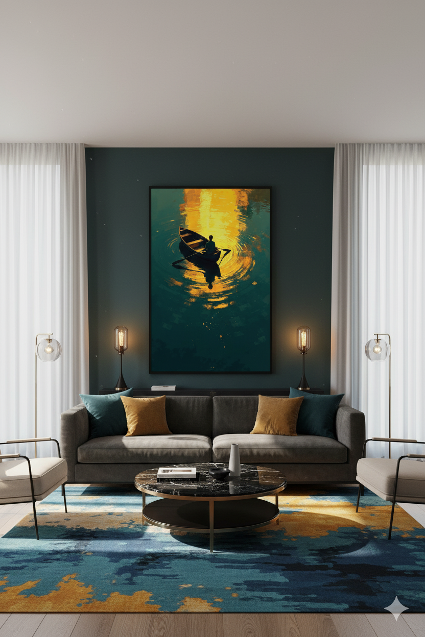 Golden Reflection – Man in a Boat Painting Wall Art