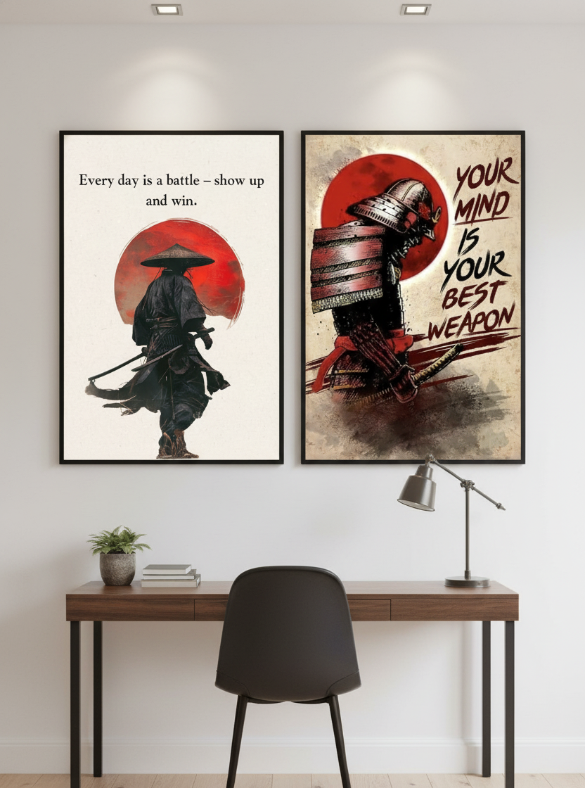 Samurai & Fighter – 2-Panel Motivational Quote Wall Art